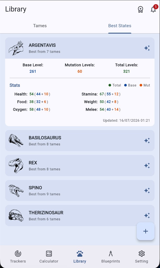 ArkMate Best States showing best-of stats across multiple tames with star highlights