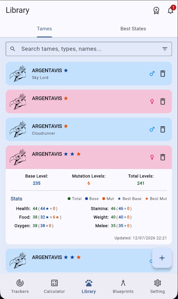 ArkMate Library Tames list with star markers for best base and mutation stats